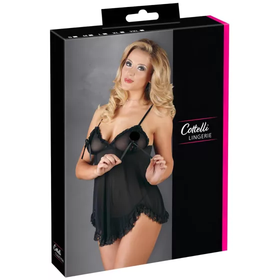 Cottelli - babydoll košieľka - čipkovaná, volánová - čierna