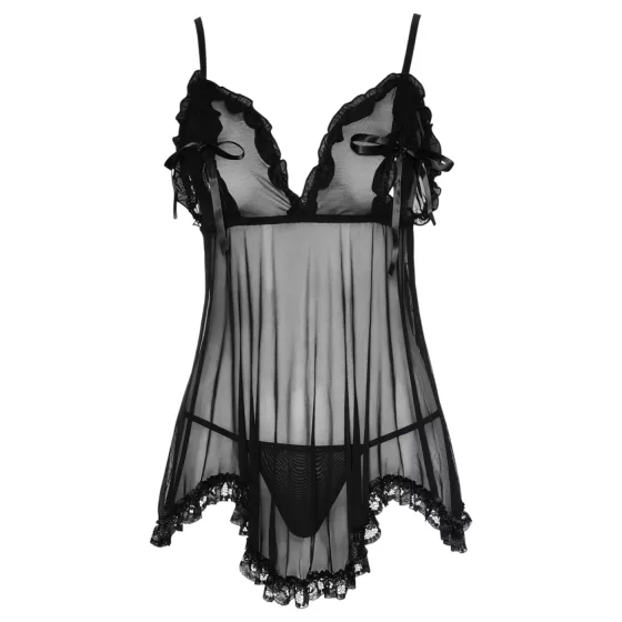 Cottelli - babydoll košieľka - čipkovaná, volánová - čierna - XL