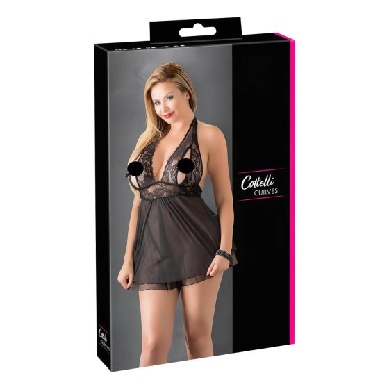 Cottelli Plus Size - čipkovaný jemný babydoll (čierny)