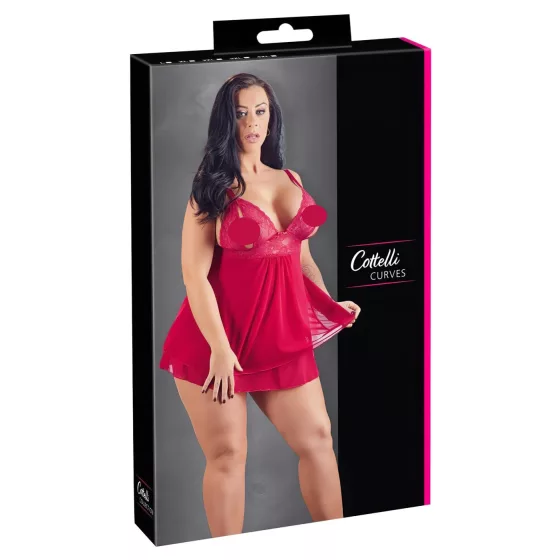 Cottelli Plus Size - erotická babydoll košieľka - čipkovaná - červená - 4XL