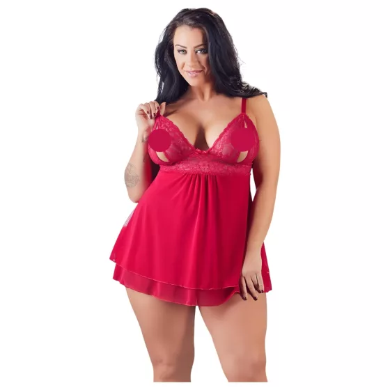 Cottelli Plus Size - erotická babydoll košieľka - čipkovaná - červená - 4XL