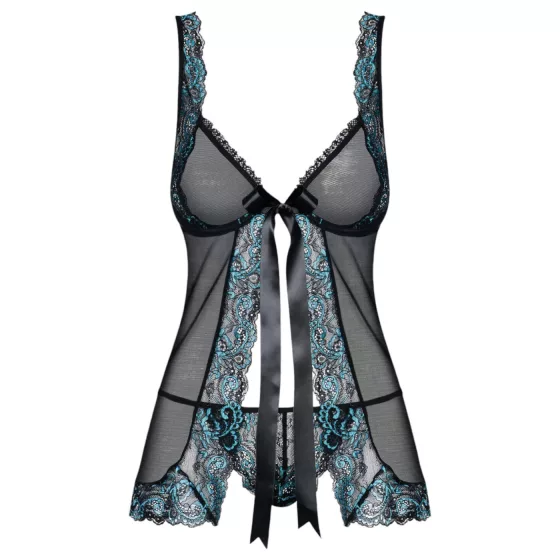 Obsessive - babydoll a tangá - vyšívaný - čierno-tyrkysová