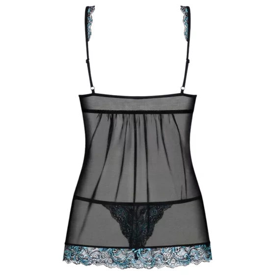 Obsessive - babydoll a tangá - vyšívaný - čierno-tyrkysová
