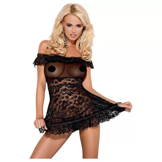 Obsessive - babydoll s volánikmi a tangá - čierna - L/XL