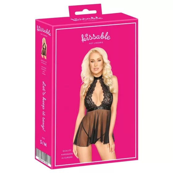 Kissable - babydoll s golierom - čipka - čierna - L/XL