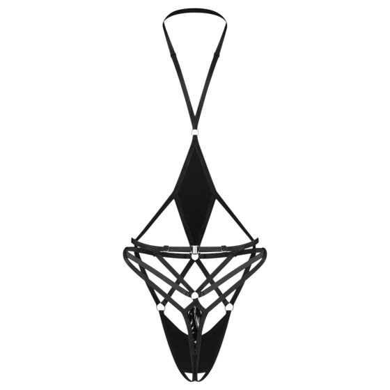 Obsessive - body s otvoreným rozkrokom a pásikmi - čierna - L/XL