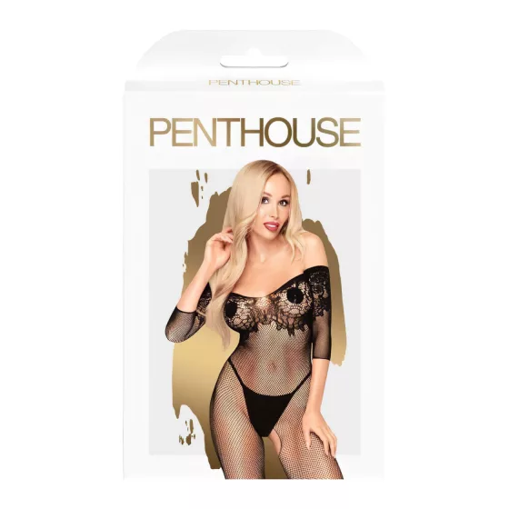 Penthouse High Profil - erotický overal carmen - čierny, kvetinový vzor