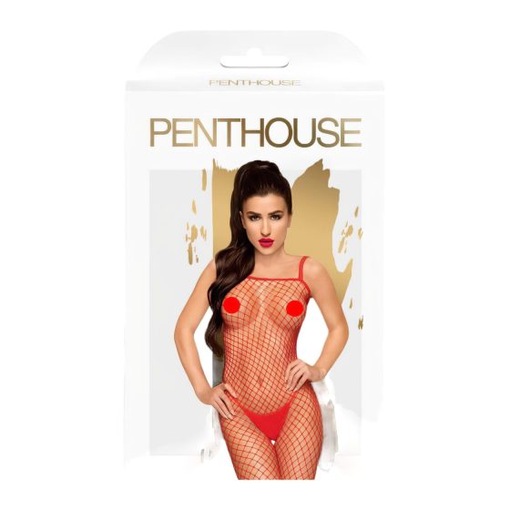 Penthouse Body Search - otvorený sieťovaný overal (červený)