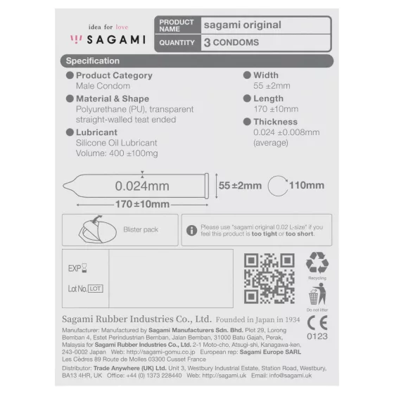 Sagami Original 0,02 - kondóm - 55mm - balenie 3 ks