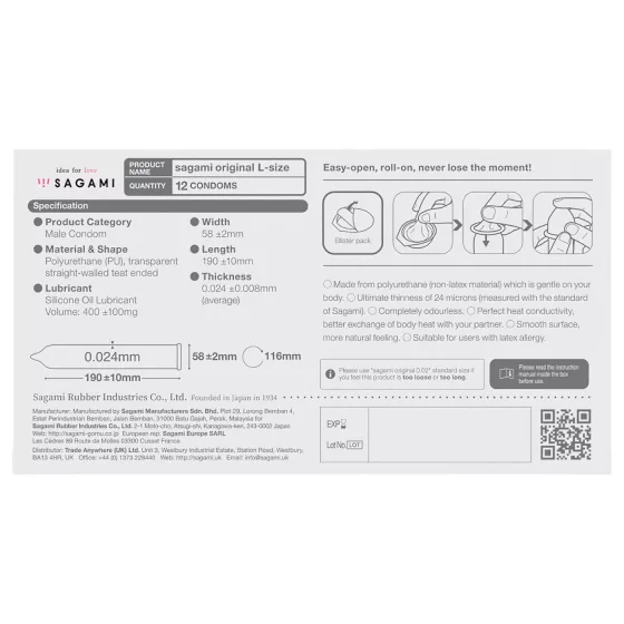 Sagami Original 0,02 L - kondóm - 58 mm - 12 ks