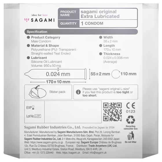 Sagami Original 0,02 - extra lubrikovaný kondóm - 55mm - 1 ks