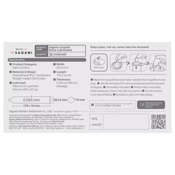 Sagami Original 0.02 - extra lubrikovaný kondóm - 55mm - 12ks