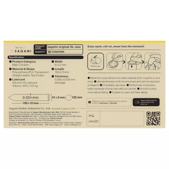 Sagami Original 0,02 XL - kondóm - extra veľký - 61mm - 12ks