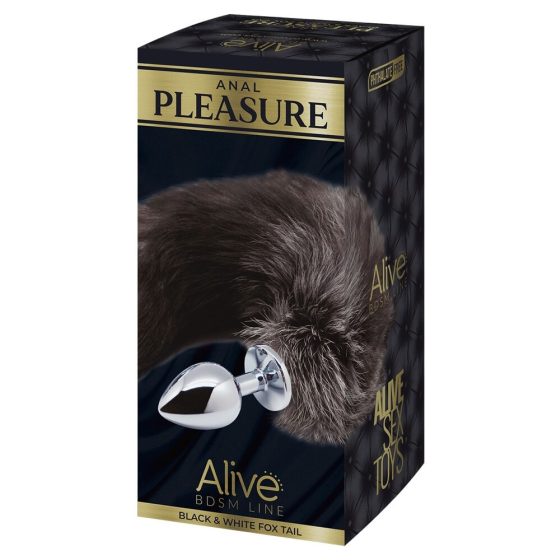 Alive Anal Pleasure - stredné análne dildo s líščím chvostom (strieborno-čierne)