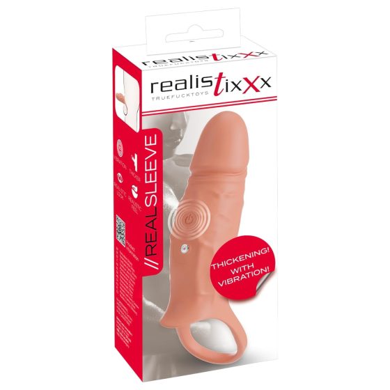 Realistixxx - vibračný erekčný krúžok s návlekom na penis - naturálny