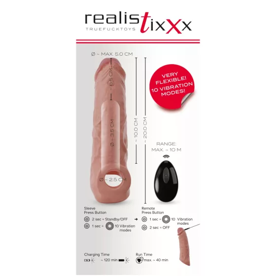 Realistixxx - vibračný návlek na penis s diaľkovým ovládaním - telová - 20 cm