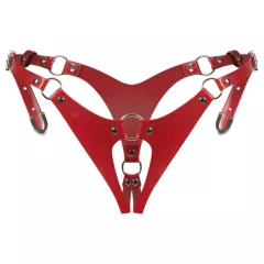   Obsessive - dámska tanga s otvorom - nastaviteľná, kožený vzhľad, červená