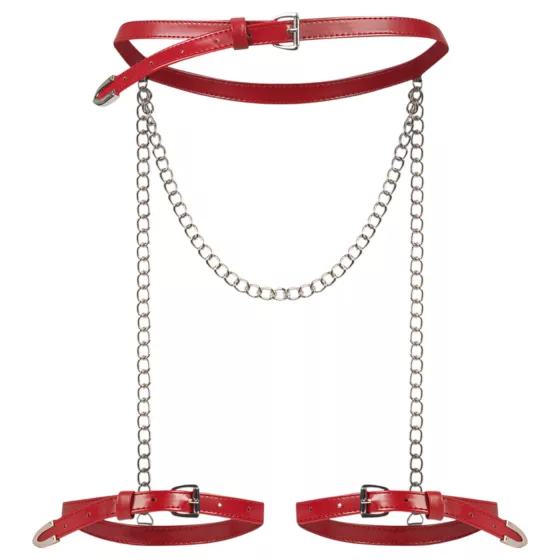 Obsessive - postroj na stehná s reťazami - kožený vzhľad - červený