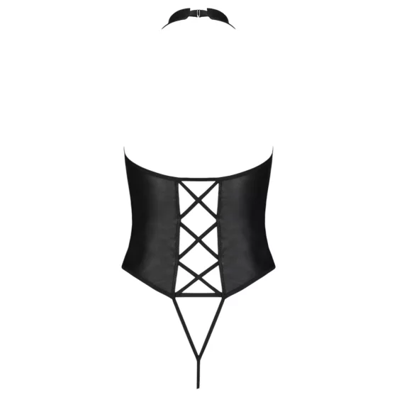Passion - dámske body s otvoreným rozkrokom - čierne krížené ramienka - L/XL