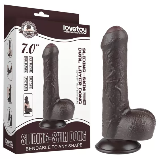 Lovetoy - realistický dildo s pohyblivou kožou a semenníkmi - 18,3 cm - hnedé