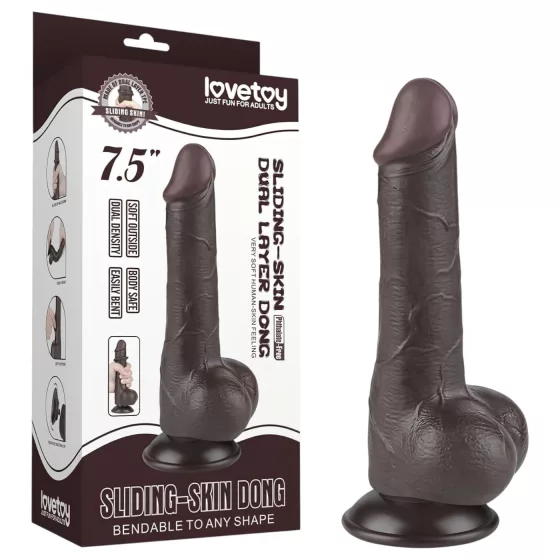Lovetoy - realistický dvojvrstvový dildo s semenníkmi - 19,5 cm - hnedý