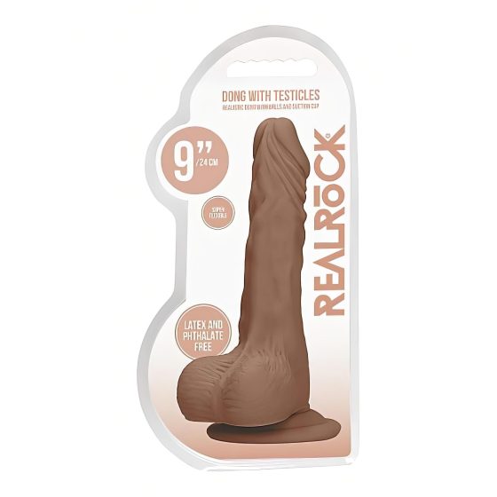 RealRock Dong 9 - realistické dildo s semenníkmi (23 cm) - tmavý prírodný