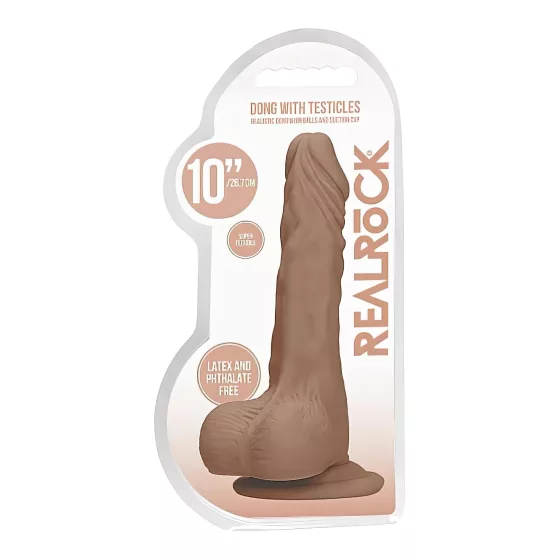 RealRock - realistický dildó s semenníkmi - 25 cm - tmavá prírodná farba