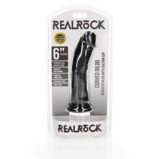 RealRock Curved - zakrivené realistické dildo s lepivými nožičkami - 15,5 cm (čierne)