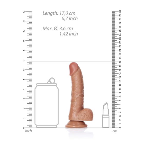 RealRock Curved - realistické dildo so svorkami a semenníkmi - 15,5 cm (tmavé prírodné)