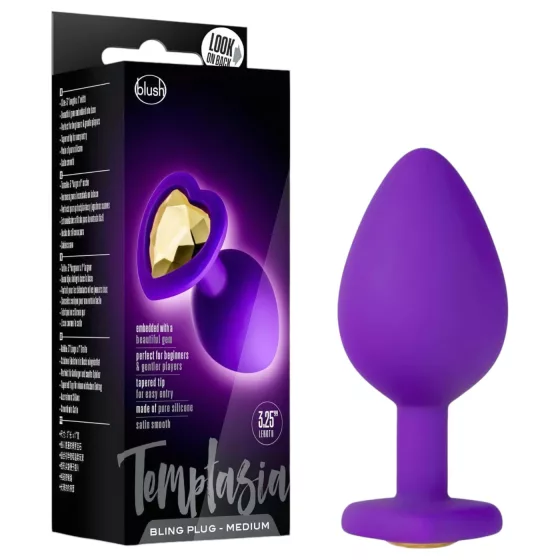 Temptasia M - análny dildo srdce so zlatým kameňom - fialový - stredný