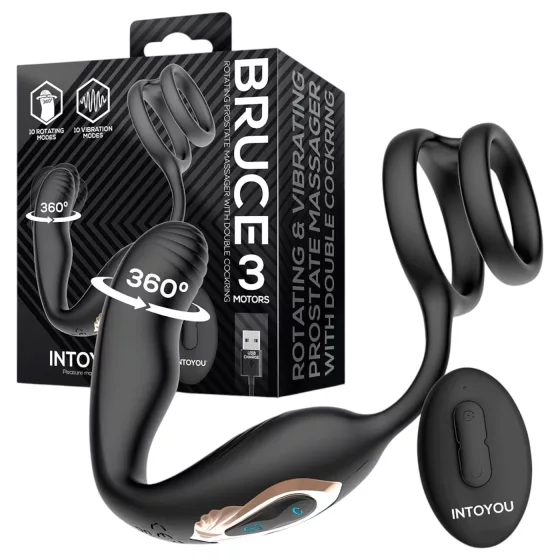 IntoYou Bruce - rotačný rádiový vibrátor prostaty s dvojitým krúžkom (čierny)