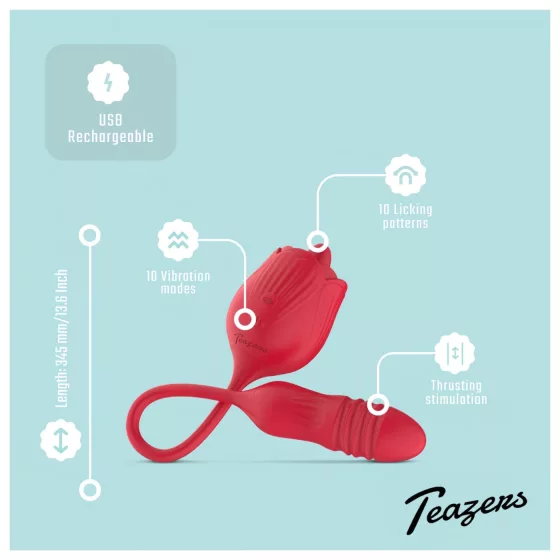 Teazers Rose - vibračný stimulátor s jazyčkovým klitorálnym dráždičom (červený)