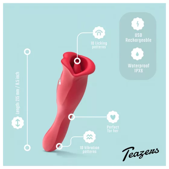 Teazers - obojstranný vibrátor s jazýčkovým stimulátorom klitorisu (červený)
