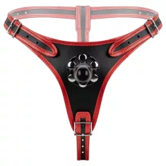 Easytoys - popruhový postroj s trojitým dildom - čierny