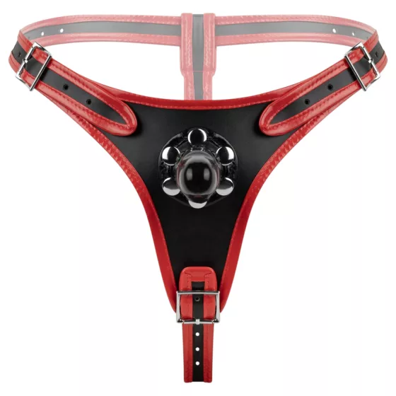 Easytoys - popruhový postroj s trojitým dildom - čierny