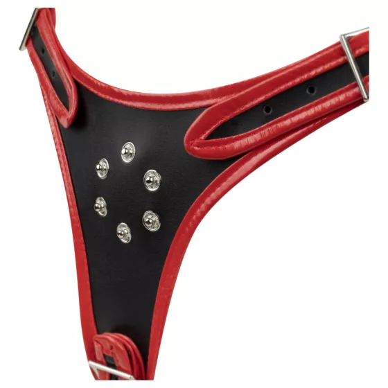 Easytoys - popruhový postroj s trojitým dildom - čierny