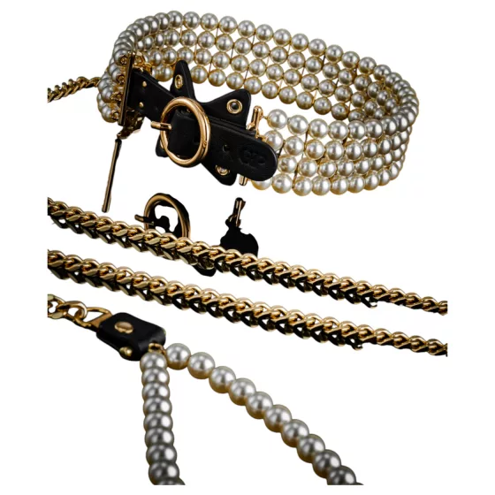 Allure - obojok s vodítkom a perlami - čierny