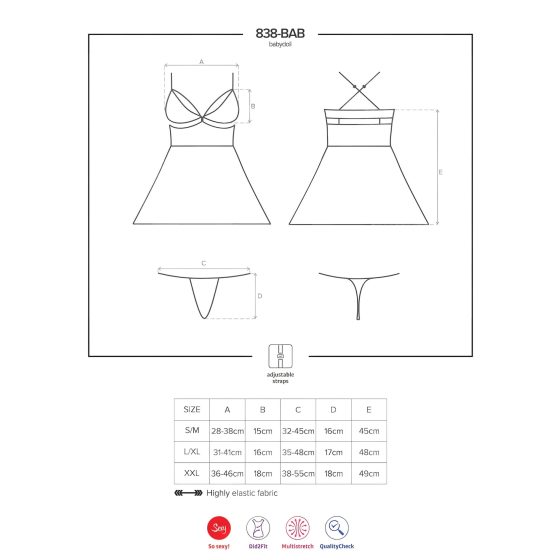 Obsessive - babydoll súprava - čipkovaná priehľadná - čierna - 2XL/3XL